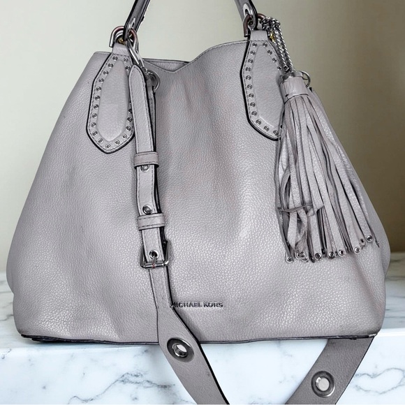 Michael Kors Brooklyn Leather Tassel  Grommet Satchel Tote Bag Purse,dove grey - Picture 9 of 9